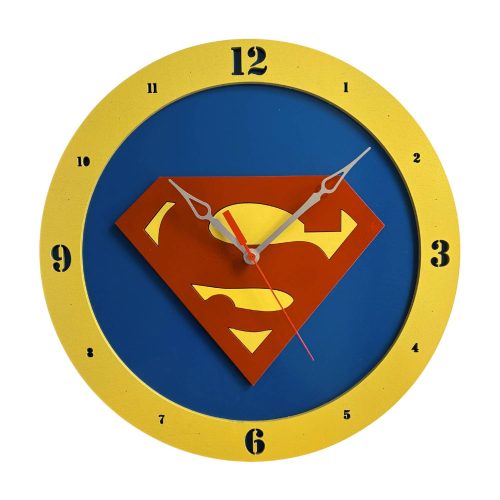 Superman wooden wall clock with blue background and red and yellow emblem design