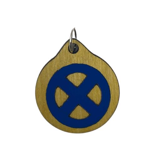 Handcrafted wooden X-Men Pendant Necklace featuring the iconic blue X-Men team symbol on a circular pendant.