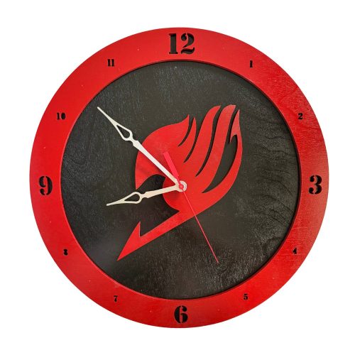 Fairy Tail wooden wall clock with black background and red guild symbol design