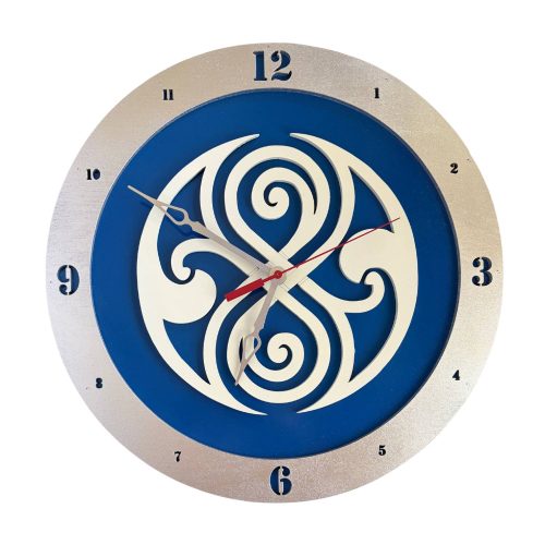 Gallifreyan wooden wall clock with blue background and circular time lord symbol design