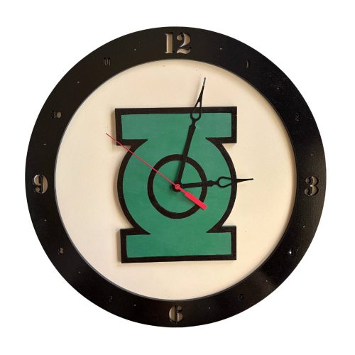 Green Lantern wooden wall clock with black background and green symbol design