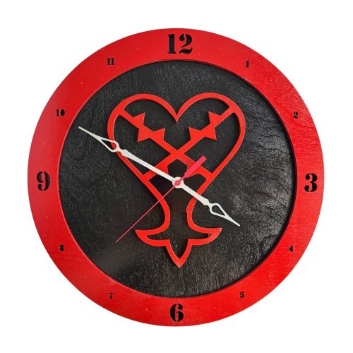 Heartless wooden wall clock with black background with red rim and red heart symbol design