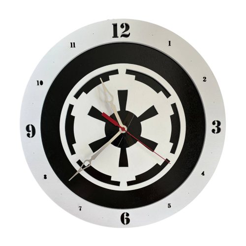Imperial wooden wall clock with black background and white galactic symbol
