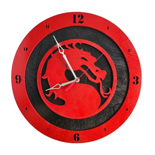 Mortal Kombat wooden wall clock with black background and red dragon emblem design