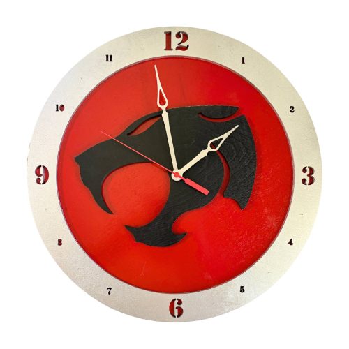 Thundercats wooden wall clock with red background and black cat emblem design