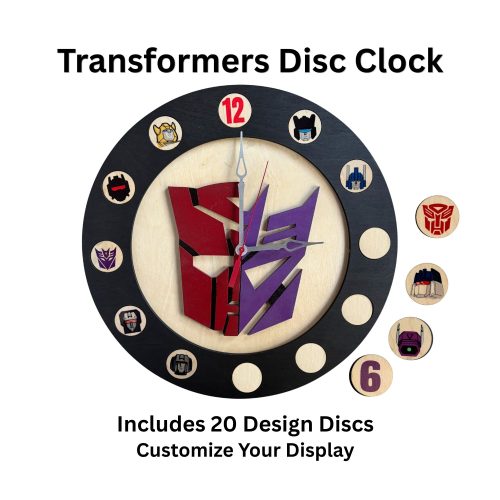Handcrafted 14-inch Transformers Disc Clock with layered Autobot and Decepticon center design and customizable character, symbol, and number disc options.