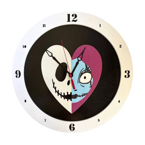 Jack and Sally wooden wall clock with split heart design on black background