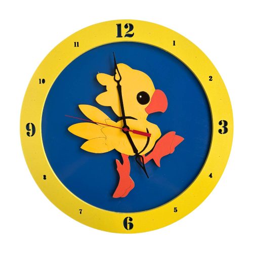Chocobo wooden wall clock with blue background and yellow rim and yellow bird design