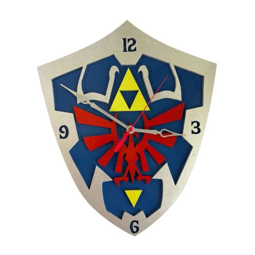 Legend of Zelda Hylian Shield wooden wall clock with blue shield and red crest design