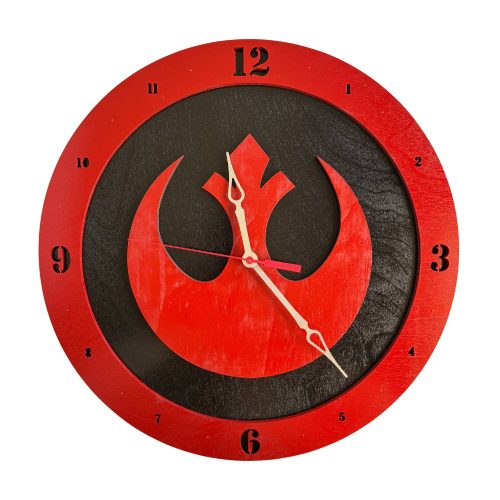 Rebel wooden wall clock with black background and red resistance symbol