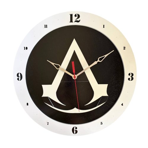 Assassin's Creed wooden wall clock with black background and white number ring