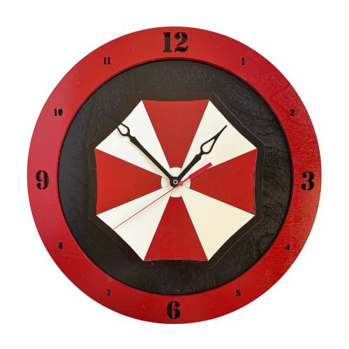 Umbrella Corp wooden wall clock with black background, red rim and red white umbrella symbol design
