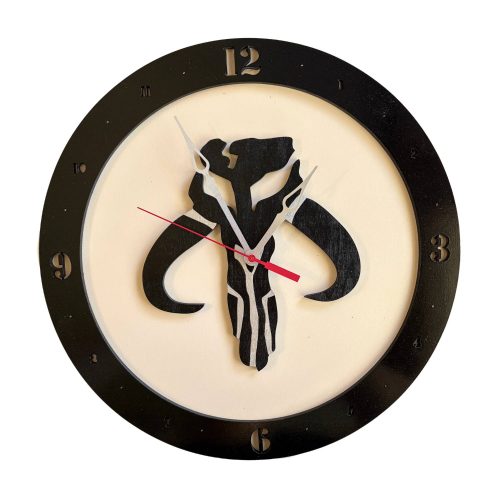 Mandalorian wooden wall clock with beige background, black rim and black symbol design