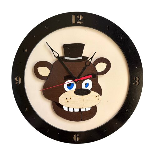 FNAF wooden wall clock with Freddy bear face design on beige background and black rim