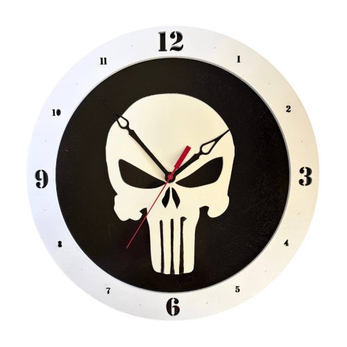 Punisher wooden wall clock with black background and white skull design