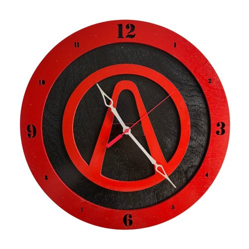 Borderlands wooden wall clock with black background and red symbol design