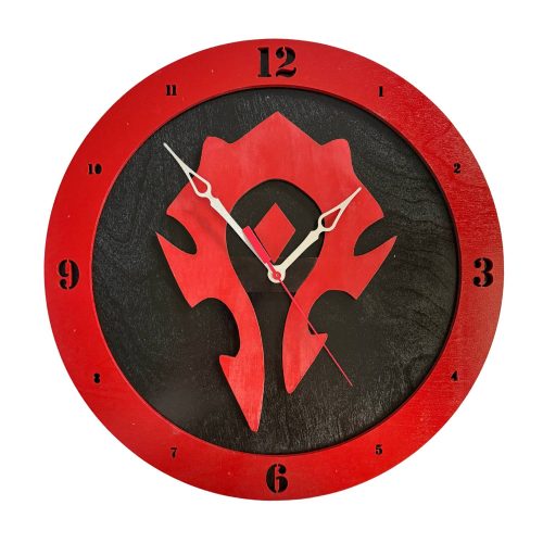 Horde wooden wall clock with black background and red faction symbol design