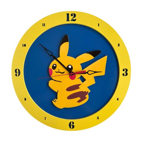 Pikachu wooden wall clock with blue background and yellow character design
