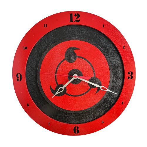 Sharingan wooden wall clock with red and black anime eye symbol design