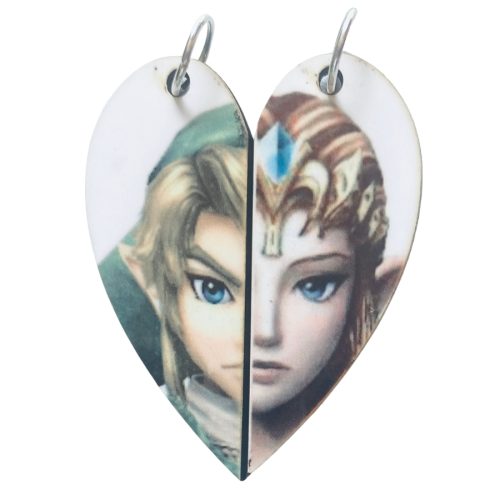 Zelda and Link matching heart necklace set with both half-heart pendants connected together inspired by The Legend of Zelda