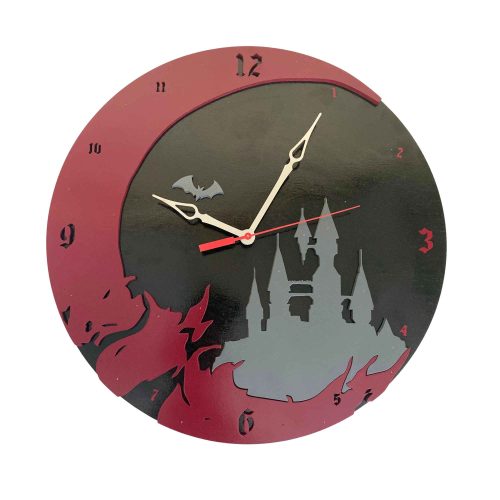 Castlevania wooden wall clock with gothic castle silhouette and red black vampire themed design