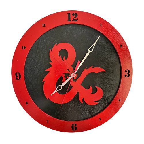 DnD wooden wall clock with black background and red dragon ampersand symbol