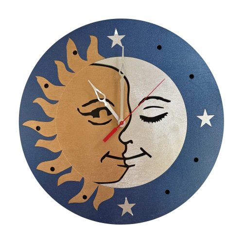 sun and moon wooden wall clock celestial split face design with stars 14 inch round layered wood