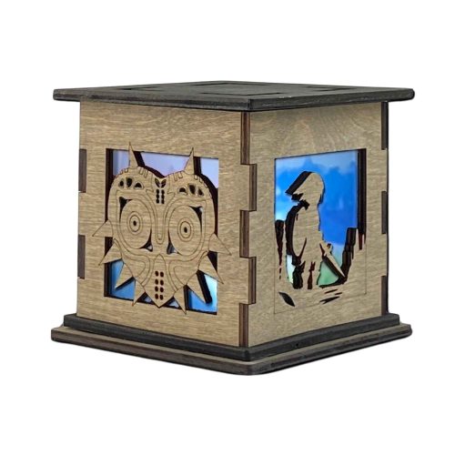 Illuminated Legend of Zelda Decorative Glow Box featuring Majora's Mask and Link in handcrafted wooden artwork.