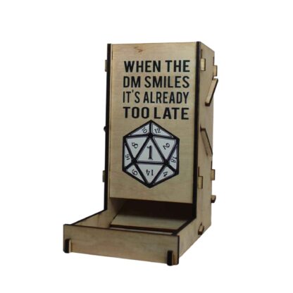 X-Large Wooden Dice Tower that collapses with collapsible design with When The DM Smiles its already Too Late Image on front.