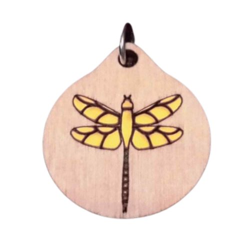 Handcrafted dragonfly pendant necklace featuring an elegant yellow dragonfly design on a wooden pendant