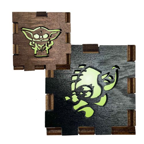 Star Wars Yoda and baby Yoda-style Interactive Light Box front options shown together