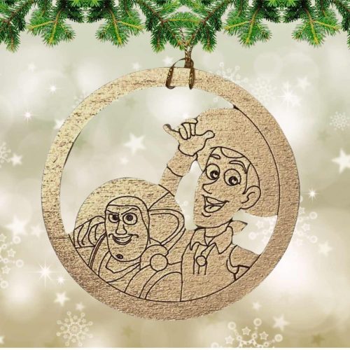 Gold wooden Toy Story Christmas ornament featuring Woody and Buzz Lightyear against a festive holiday background.