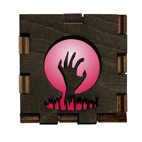Lit zombie hand Interactive Light Box glowing with graveyard moon backdrop inside handcrafted wooden display cube