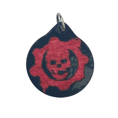 Gears of War Crimson Omen wooden pendant necklace featuring the iconic skull cog emblem in red and black