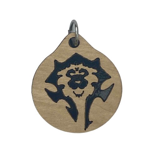 World of Warcraft wooden pendant featuring a faction-inspired symbol combining Horde and Alliance design elements