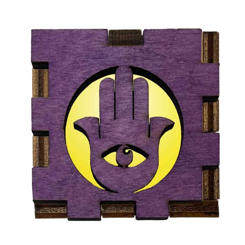 Hamsa Interactive Light Box glowing on handcrafted wooden display cube