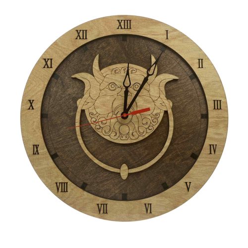 Labyrinth inspired wooden wall clock with 13th hour Roman numerals and door knocker face design