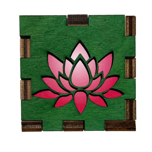 Lit lotus flower Interactive Light Box glowing inside a handcrafted wooden 2-inch display cube with meditation-inspired décor