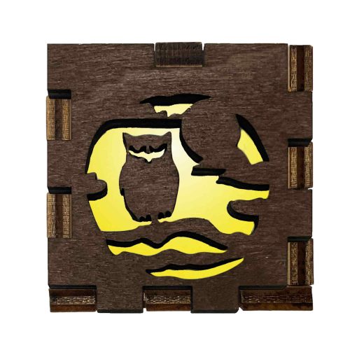 Lit owl Interactive Light Box glowing inside a handcrafted wooden 2-inch display cube with forest and moon scene décor