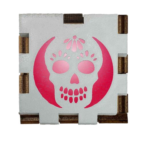 Sugar skull Interactive Light Box with crescent moon design glowing on wooden display cube