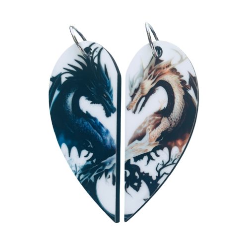 Yin and Yang dragon matching heart necklace set with dark and light dragon half-heart pendants displayed together