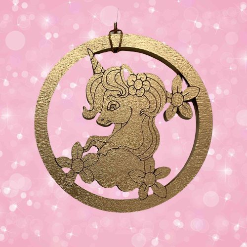 Gold Unicorn ornament featuring a whimsical unicorn with floral accents hanging on a pink holiday background.