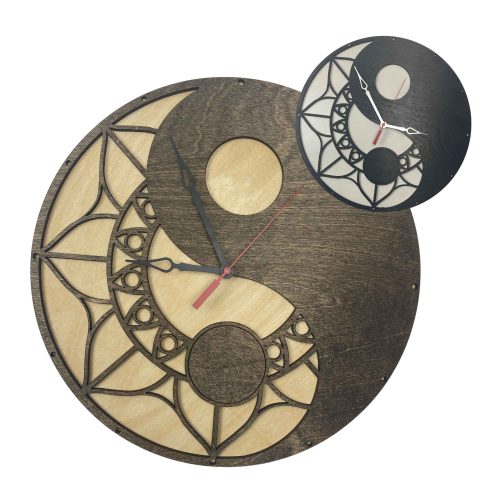 yin yang wooden wall clock mandala design layered black and white and two tone wood 14 inch round