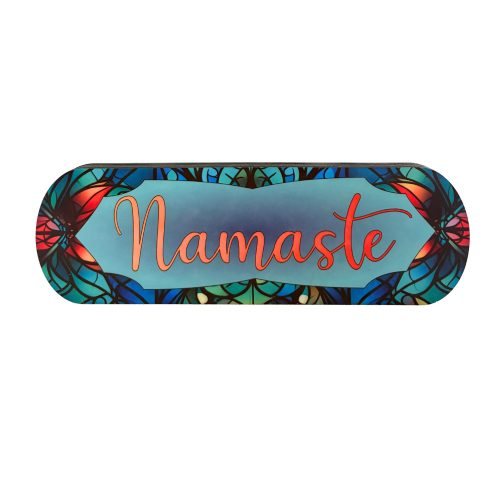 Namaste wooden shelf sitter sign featuring colorful mandala-inspired artwork with blue, green, and orange stained-glass-style accents