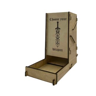 X-Large Wooden Dice Tower that collapses with collapsible design with Choose Your Weapon Image on front