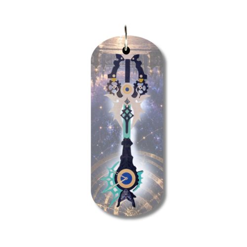 Handcrafted wooden Young Xehanort Keyblade pendant featuring clockwork gear details on a celestial Kingdom Hearts inspired background with necklace cord and key ring.