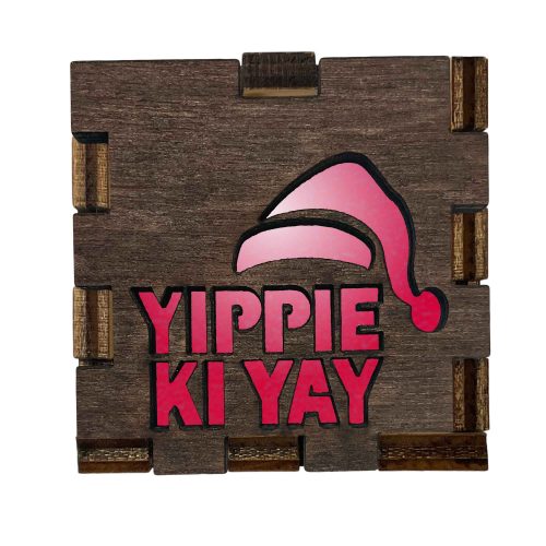 Die Hard Interactive Light Box with glowing Yippee Ki Yay phrase and Santa hat design on wooden display cube