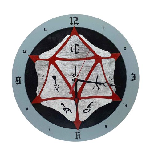 Baldur’s Gate wooden wall clock with D20 dice design and fantasy symbols