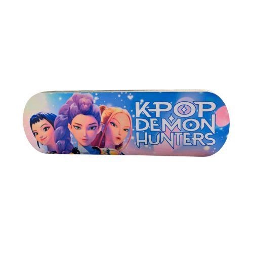 KPOP Demon Hunters wooden shelf sitter sign showcasing three animated characters alongside the KPOP Demon Hunters logo in bright pastel colors