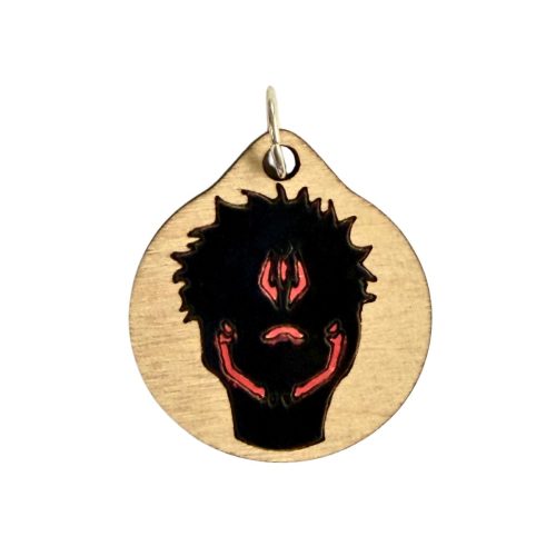Jujutsu Kaisen wooden pendant necklace featuring a Sukuna-inspired face design with red markings on a natural wood surface